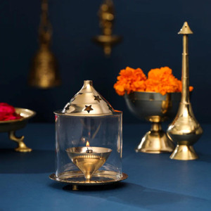 T-KA108 Brass Akhand Diya with glass, ideal for pooja and decor. Brass ...