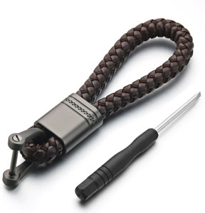 CONTACTS Brown Braided Keychain Leather Strap Keychain PU Rope Keyring ...