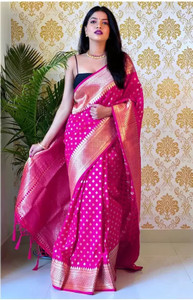 Buy KanjiQueen Woven, Self Design Kanjivaram Silk Blend, Pure Silk Pink ...