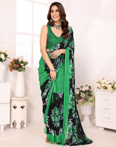 Yashika Damen Sari Aus Georgette Mit Spitze - Traditionelles Kleid Mit Blusenstoff
