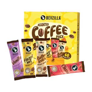 Bevzilla Instant Coffee Powder - 60 Sachets Box, Makes Premium Cups, 15