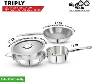 Sigri-wala Cook Healthy Triply 4pcs Combo Kadai 22cm,Fry Pan 22cm,Sauce Pan 14cm,LID 22cm Induction Bottom Cookware Set