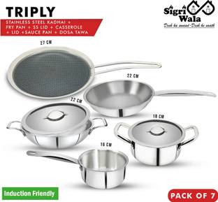 Sigri-wala Triply 7Pcs Combo Kadai22cm, FryPan22cm,Saucepan16cm,Casserole18cm,Tawa27cm,LID Induction Bottom Cookware Set