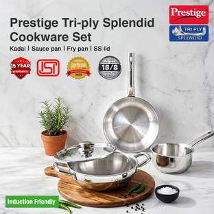 Prestige Triply Splendid BYK|Fry Pan 1.2L|Kadai 2.1L|Saucepan 1L|Even Heat Distribution Induction Bottom Cookware Set