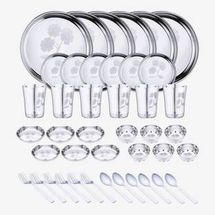 LIMETRO STEEL Pack of 42 Stainless Steel Laser Printed Flawer Design (Serves 6) Dinner Set