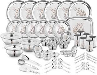 Classic Essentials Pack of 64 Stainless Steel Dinner Set|Serves 6 People|Heavy Gauge|Kitchen Set|Permanent Laser-Peacock