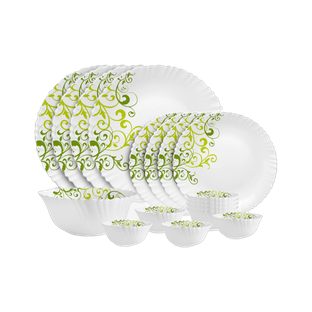 cello Pack of 17 Opalware Dazzle Opalware Oleander Dinner Set | Crockery Set | Green Dinner Set