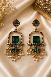 Mishwa Antique Gold Plated Green Stone Pearl Earrings for Women & Girls