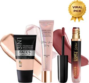 Faces Canada 3in1 Foundation(18ml)+ Comfy Matte Wow Lipstick(3.8ml)+ Strobe Cream(18ml) Dewy Highlighter