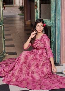 CHARVI CREATION Women Fit and Flare Pink, Beige Maxi/Full Length Dress