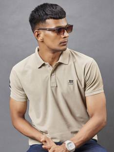 3BROS Solid Men Polo Neck Beige T-Shirt