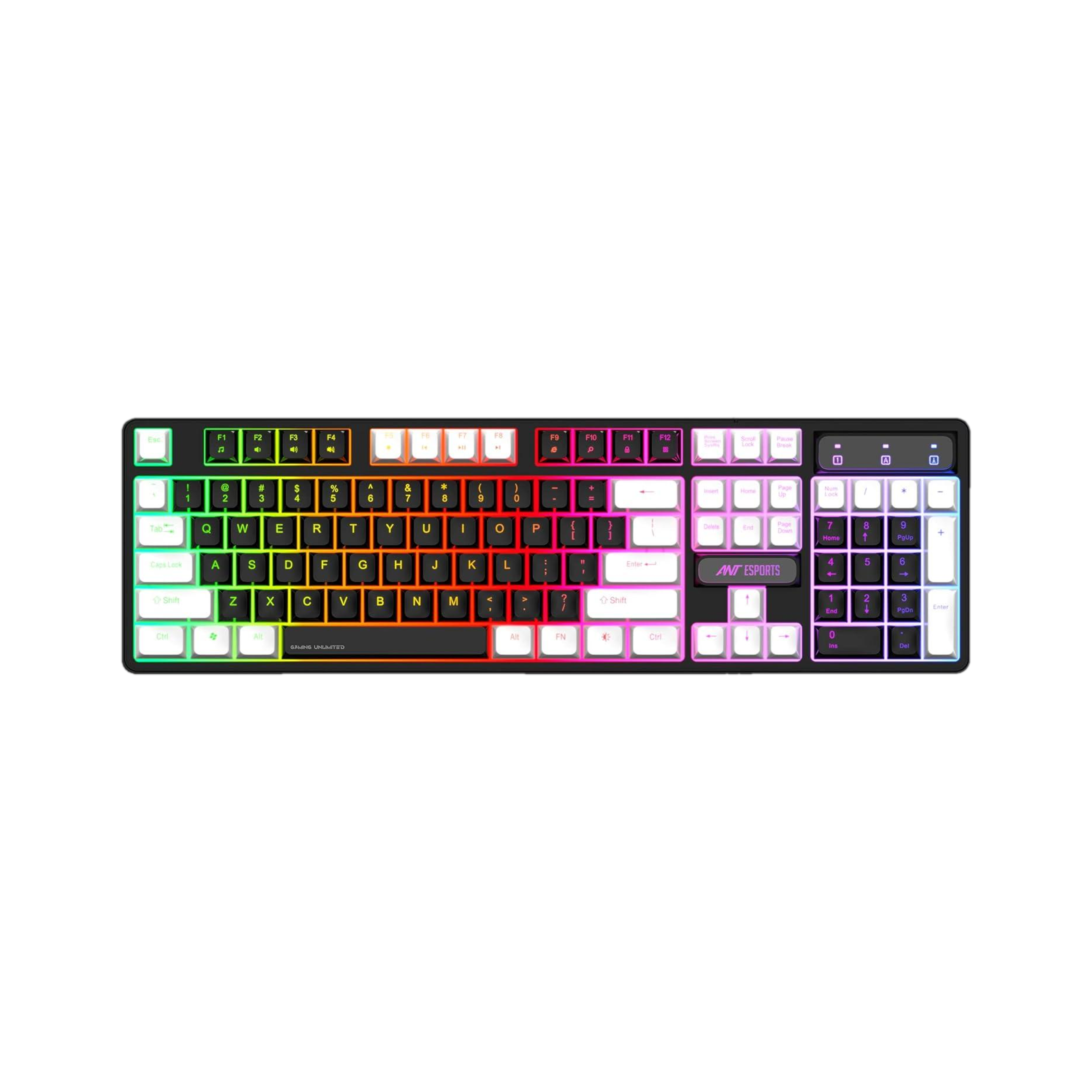 Ant Esports MK1400 / Rainbow LED Illumination, White and Black Keycaps, Backlit Membrane Wired USB Standard Gaming Keyboard Compatible with Desktop, Laptop, Mac with Double-Shot Injection Keycaps, Backlit LED Illumination - 46% off at DetectaDeal