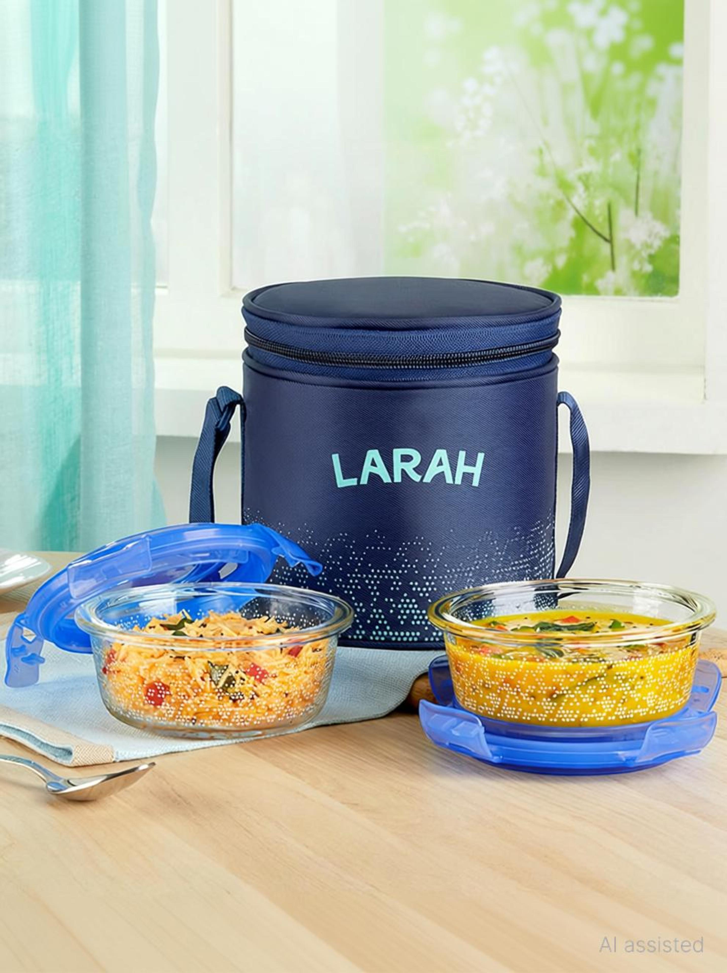 Larah by Borosil Speckle Blue Borosilicate Glass Lunchbox, 2pc Round Set (400ml x 2) Vertical 2 Containers Glass Office Lunch Box - 54% off at DetectaDeal