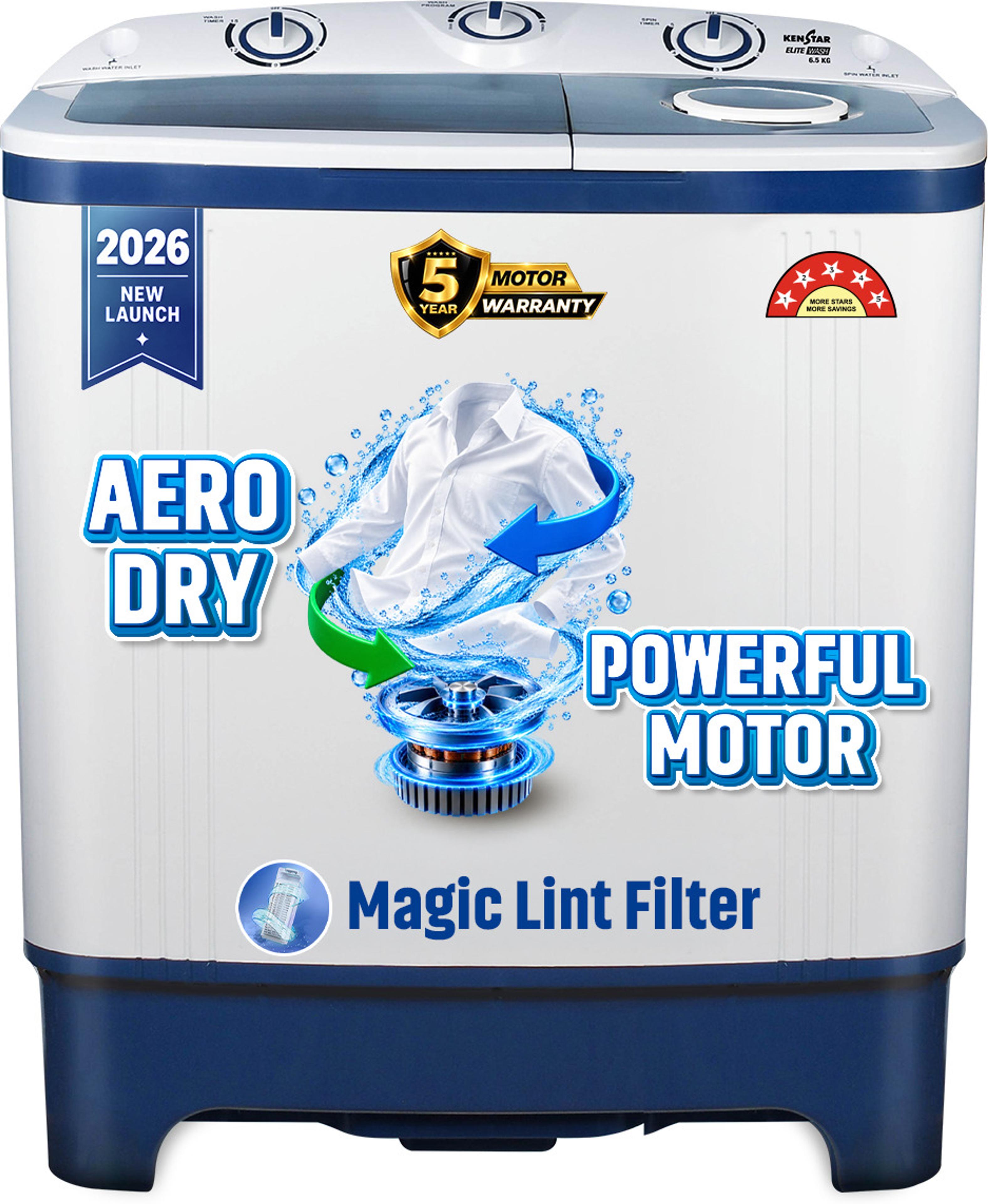 Kenstar 6.5 kg 5Star Rated Energy Efficient Motor With 1350RPM, Aero Dry Function , Magic Lint Filter Semi Automatic Top Load Washing Machine Blue, White - 42% off at DetectaDeal