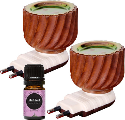 Gleevia Mischief Aroma Oil Diffuser Set Electric Vedic Wooden Kapoor dani cum Aroma Oil Diffuser For Fragrance And Ambience|Direct Plug-In Incense Burner/Kapoor Dani|Sturdy High Quality Plug For Better Support Wooden Incense Holder (Brown), Kapoor Dani Stand for Dhup Incense Burner Steel Incense Holder with mischief Aroma Oil (2 x 1 Units)
