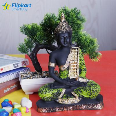 Flipkart SmartBuy Meditating Blessing Buddha Statue for Home Decor with Bonasi Plant Decorative Showpiece - 10 cm