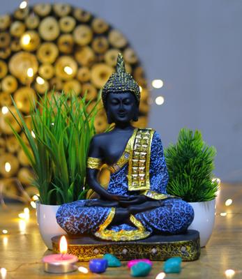 Flipkart Perfect Homes Beautiful Meditating Lord Buddha With Two Artificial Plant Decorative Showpiece - 23 cm