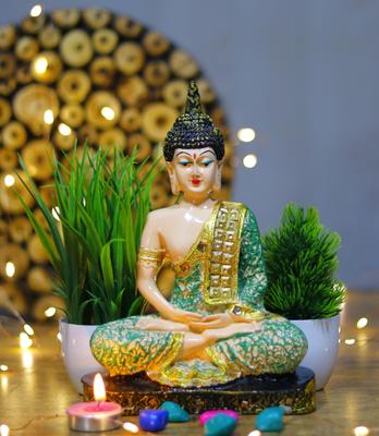 Flipkart Perfect Homes Beautiful Meditating Lord Buddha With Two Artificial Plant Combo Decorative Showpiece - 23 cm