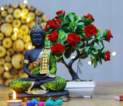Flipkart Perfect Homes Beautiful Lord Gautam Buddha With Red Rose Bonsai Plant Decorative Showpiece - 23 cm