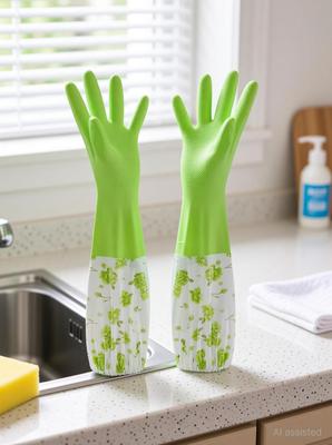 RBGIIT Reusable PVC FlockLined Long Elbow Length Gloves for Kitchen Dishwashing Winters Wet and Dry Glove