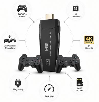 M8 Pro 4K Ultra HD Retro HDMI Game Q2 Stick 64GB Dual Wireless Controller with Game and Expansion Pack