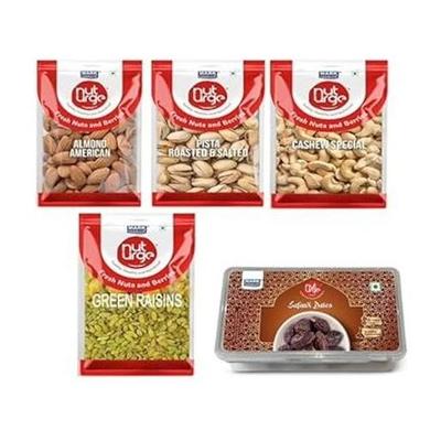 Nut Urge Almond Pista Cashew Nuts Green Raisins Safawi Dates (150+150+150+150+150) Combo