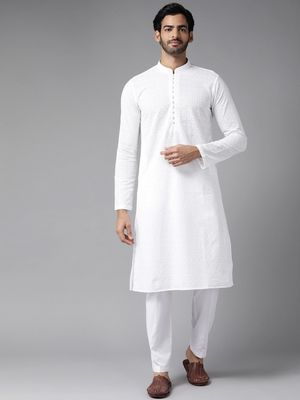 Chikan Embroidery Pure Cotton Straight Kurta for Men