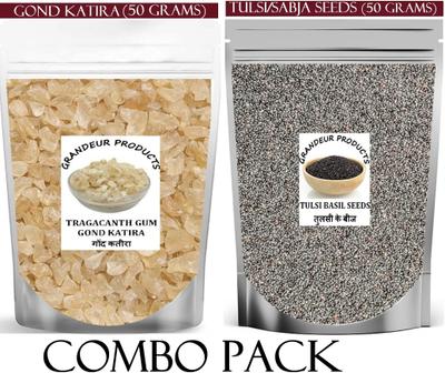 GRANDEUR PRODUCTS Summer Combo - Tulsi/Sabja Seeds 50Gm & Gond Katira 50 Gm | For Summer Hydration Dried Gum
