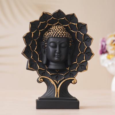 eCraftIndia Black and Golden Polyresin Lord Buddha Face Statue on Lotus with Stand Decorative Showpiece - 26 cm