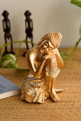 eCraftIndia Golden Buddha on Knee Polyresin Showpiece Decorative Showpiece - 20 cm
