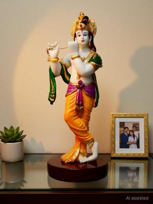 HUBZONES Marble Look Lord Krishna Spiritual Puja Vastu Showpiece, Standard Decorative Showpiece - 28 cm