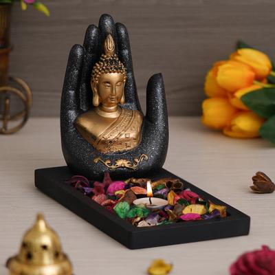 eCraftIndia Gold & Grey Polyresin Palm Buddha Showpiece with Rectangle Wooden Base Plate Decorative Showpiece - 11 cm