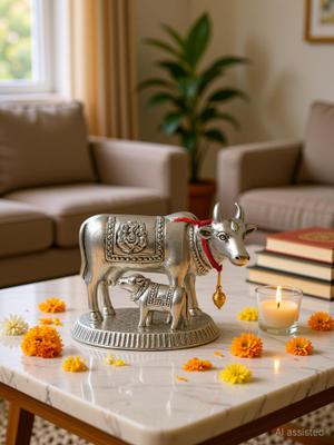 Sawariya crafted Metal Kamdhenu Cow & Calf Idol for Home Temple | Silver Finish Decorative Murti Decorative Showpiece - 5 cm