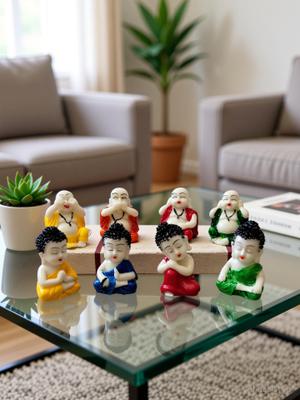 Luvcraft Colorful Set of 8 Baby Buddha and Laughing Buddha Figurines - for Home Decor| Office Decor| Chrismas Decor| Diwali Decor| Vaastu Decor| Fengshui Decorative Showpiece - 6 cm