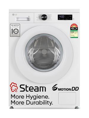 LG 7 kg 5 Star, Allergen free with Steam, Inverter Direct Drive - Less vibration, less noise, 6 Motion Direct Drive, Touch Panel, 1200 RPM, Essence Fully Automatic Front Load Washing Machine with In-built Heater White
