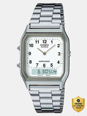 CASIO AQ-230A-7BMQ Vintage AQ-230A-7BHDF White Dial Silver Stainless Steel Band Analog-Digital Watch - For Men & Women