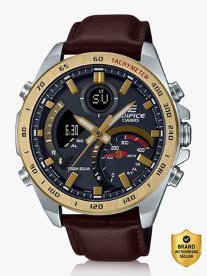 CASIO ECB-900GL-1ADR Edifice Gray Dial Brown Leather Band Analog-Digital Watch - For Men