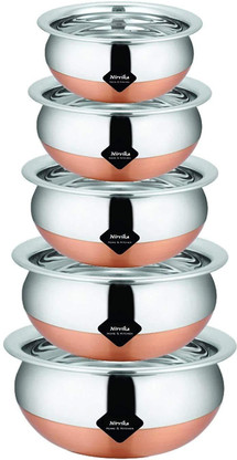 Nirvika Stainless Steel Serving Bowl Steel handi set copper bottom cookware set biryani milk pot cooking & serving bowl set Kitchen appliances Handi Set 5 piece Capacity 400 ML 650 ML and 850 ML 1200 
