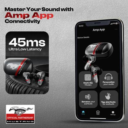Brand card showing the Amp app screen with multi-EQ modes, plus the 45 ms low latency gaming mode