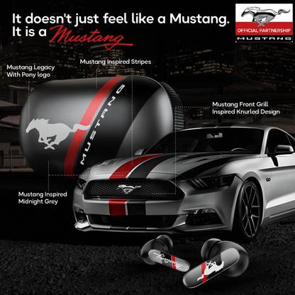 Brand card showing the case beside a Mustang car: pony logo, racing stripes, midnight grey finish and a front-grille inspired knurled edge