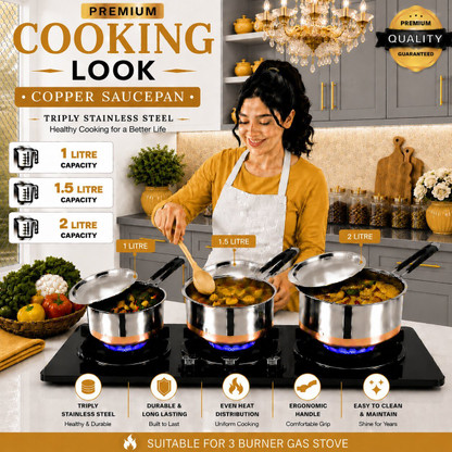 FEMEO Stainless Steel Sauce Pan Set for Everyday Kitchen Cooking Pot 14 cm, 16 cm, 18 cm diameter 1 L, 1.5 L, 2 L capacity with Lid