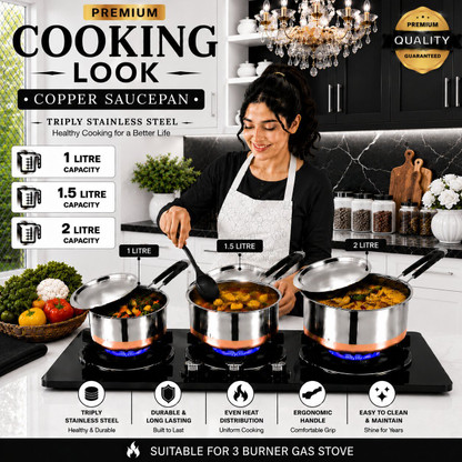FEMEO Stainless Steel Sauce Pan Set with Steel Lids Heavy Duty Cookware Pot 14 cm, 16 cm, 18 cm diameter 1 L, 1.5 L, 2 L capacity with Lid