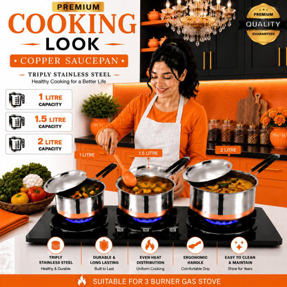 FEMEO Premium Stainless Steel Sauce Pan Set Copper Bottom Kitchen Cookware Pot 14 cm, 16 cm, 18 cm diameter 1 L, 1.5 L, 2 L capacity with Lid