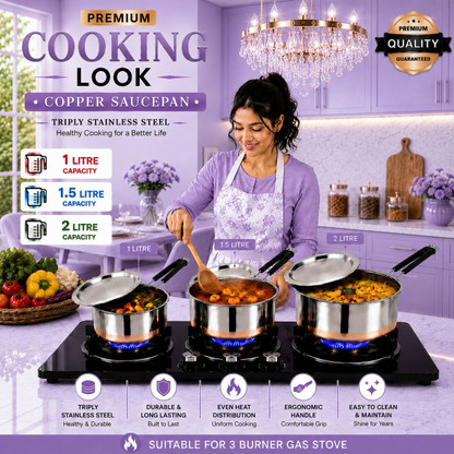 FEMEO Stainless Steel Kitchen Cookware Copper Bottom Sauce Pan Set Pot 14 cm, 16 cm, 18 cm diameter 1 L, 1.5 L, 2 L capacity with Lid
