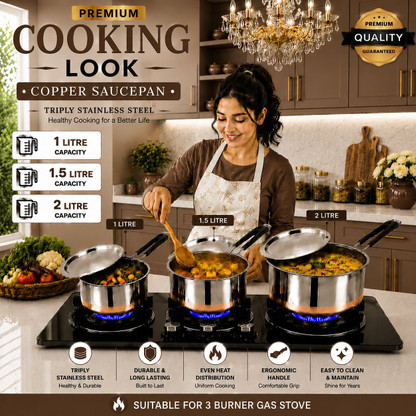 FEMEO Stainless Steel Sauce Pan Set Multipurpose Kitchen Cookware 3 Pcs Pot 14 cm, 16 cm, 18 cm diameter 1 L, 1.5 L, 2 L capacity with Lid