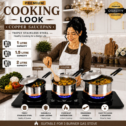 FEMEO Stainless Steel Copper Bottom Sauce Pan Set Kitchen Essentials Pot 14 cm, 16 cm, 18 cm diameter 1 L, 1.5 L, 2 L capacity with Lid