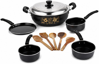 Big Scoop Cast Iron Cookware Set Induction Bottom Non-Stick Cookware Set with kitchen tool NA Pan 26 cm diameter with Lid 3 L capacity