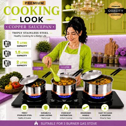 FEMEO Premium Stainless Steel Sauce Pan Set for Home Kitchen 3 Pcs Pot 14 cm, 16 cm, 18 cm diameter 1 L, 1.5 L, 2 L capacity with Lid