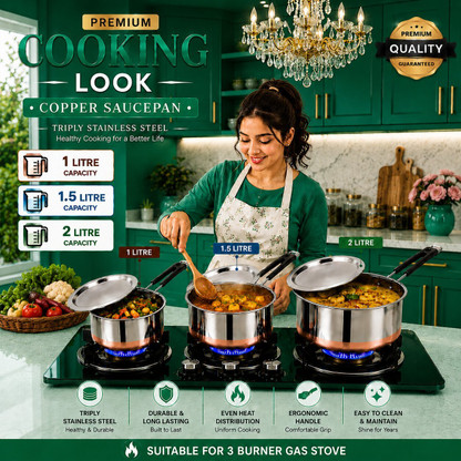 FEMEO Kitchen Cookware Stainless Steel Sauce Pan Set with Lids 3 Pcs Pot 14 cm, 16 cm, 18 cm diameter 1 L, 1.5 L, 2 L capacity with Lid