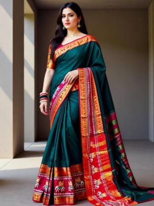 BILLORANI Temple Border Narayanpet Cotton Silk Saree with Unstitched Blouse